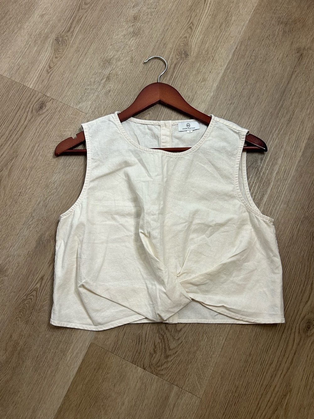 AG Cotton Linen Cream Neutral Cropped Twist Front Button Back Tank Top
